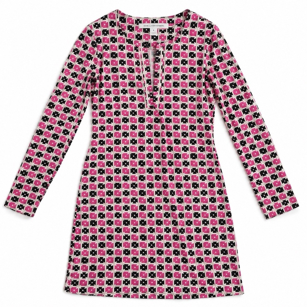 Diane von Furstenberg DVF Reina Check Dot Dress Size 6 Pink Silk Cotton